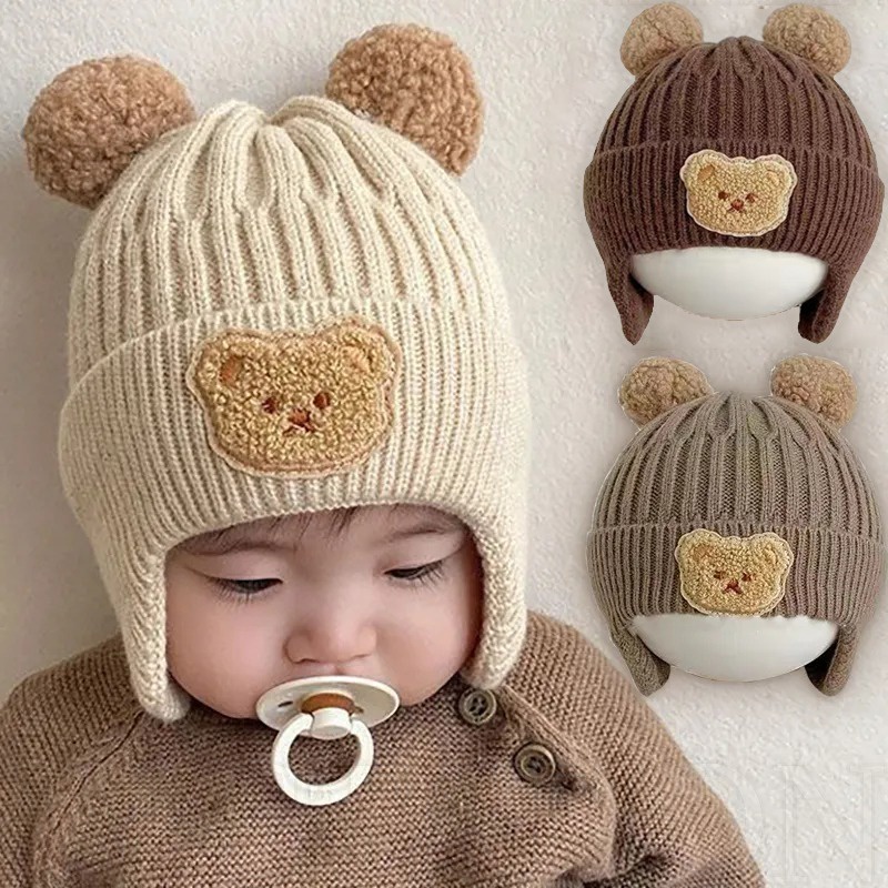 Mũ beanie Dệt Kim Màu Trơn Giữ Ấm Tai Gấu Hoạt Hình Dễ Thương Phong Cách Hàn Quốc Cho Bé Trai / Bé Gái
