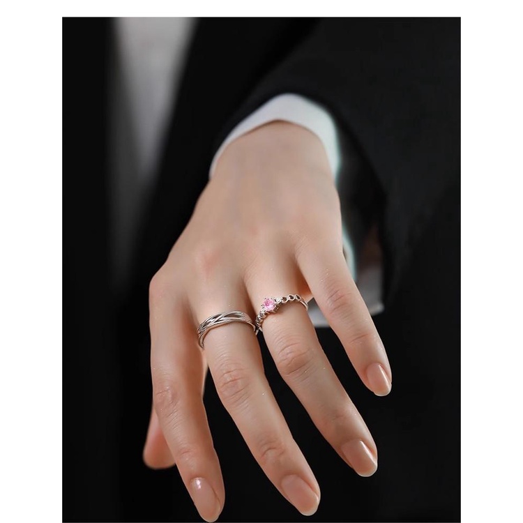 S925 Bạc Cuộn Dây Hồng Kim Cương Cặp Đôi Nhẫn Đơn Giản Mở Đầu Có Thể Điều Chỉnh Nam Nữ Nhẫn Cặp Đôi Quà Tặng Ngày Lễ Tình Nhân