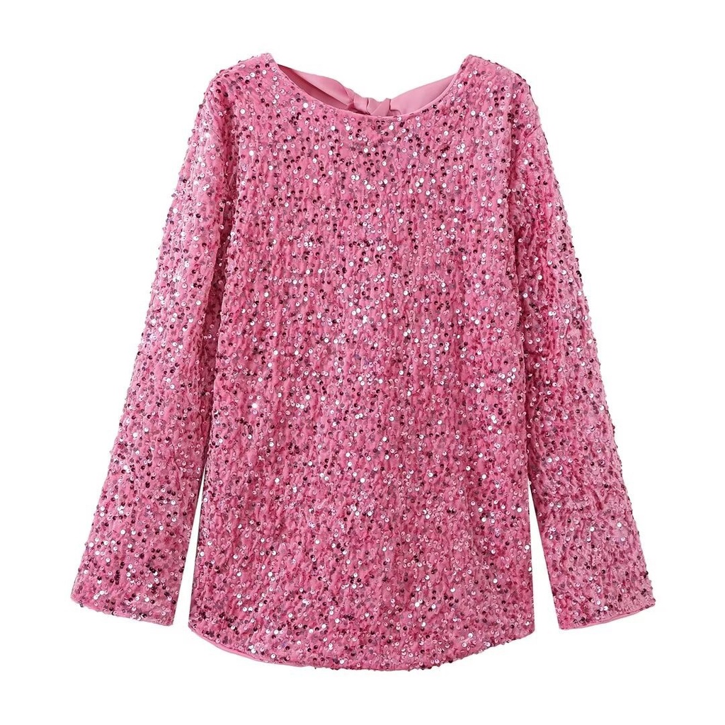 A.T.A Váy ngắn nữ phong cách Âu Mỹ, cổ tròn, tay dài, rộng rãi, size lớn, pha lê lấp lánh, gợi cảm