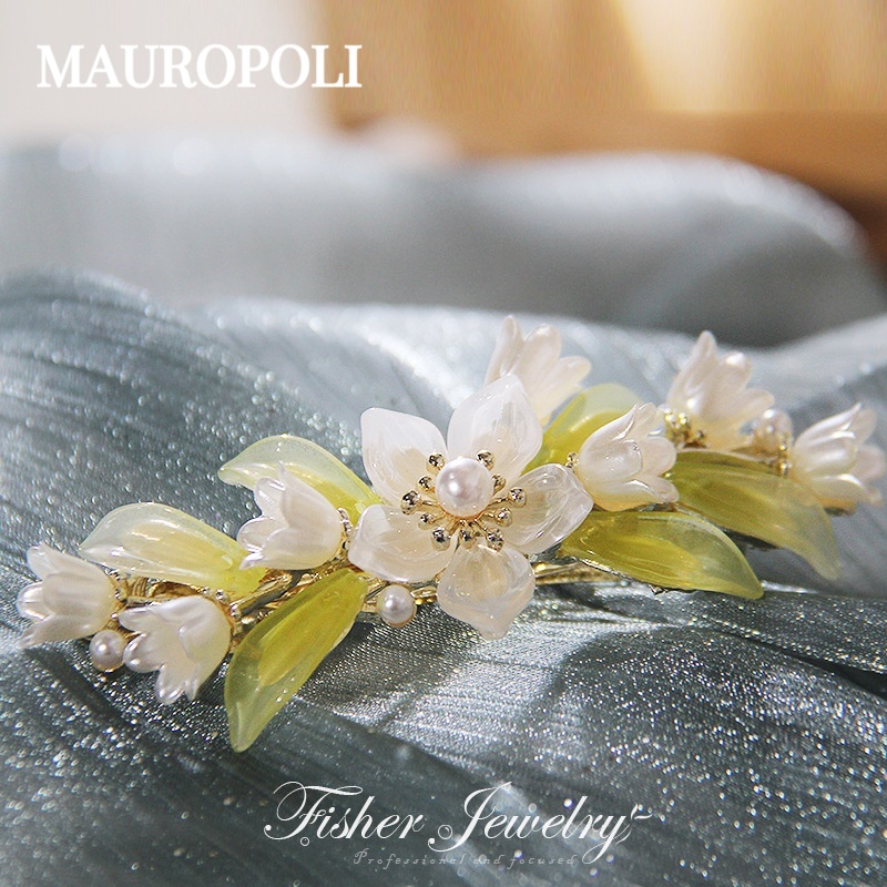 Mauropoli [Sẵn sàng] Đẹp ~ Mũ nón Kẹp tóc hợp kim cao cấp Kẹp tóc trên cùng Kẹp tóc đuôi ngựa Lily of the Valley Kẹp lò xo sang trọng Kẹp tóc đầu sau