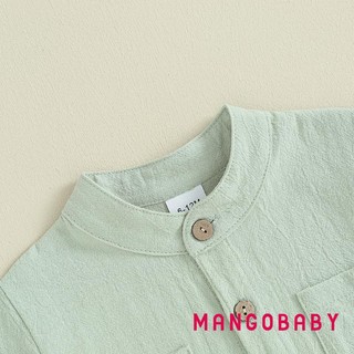 Mgg-kids Bé Trai Trang Phục Vải Lanh Mùa Hè Nút Màu Trơn Áo Tay Ngắn Và Quần Short Eo Co Giãn 2 Bộ Quần Áo