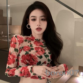 Phụ Nữ Dài Tay Crop Tops In Hoa Mock Cổ Lưới Áo Sơ Mi Mùa Xuân Thu Thường Ngày Slim Fit Áo Thun