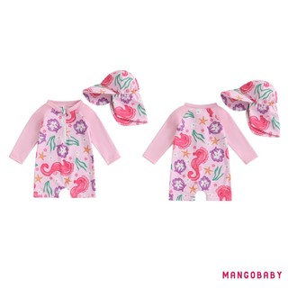 Mg-toddler Girl Rash Guard Đồ bơi in hoa dài tay có dây kéo Bộ đồ tắm có mũ
