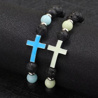 Vòng tay đính cườm nam DAMAO, Vòng tay hạt đá núi lửa phát sáng phong cách dân tộc, Vòng tay đính đá hình chữ thập cổ điển được cá nhân hóa Sáng lên Vòng đeo tay người bạn