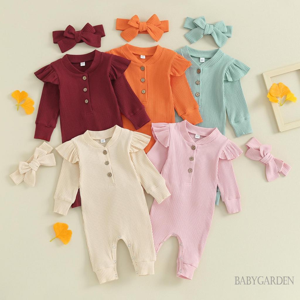 Bộ Áo Liền Quần Tay Dài Cổ Tròn Màu Sắc Trơn Kèm Băng Đô Cài Tóc Xinh Xắn Cho Bé Gái
