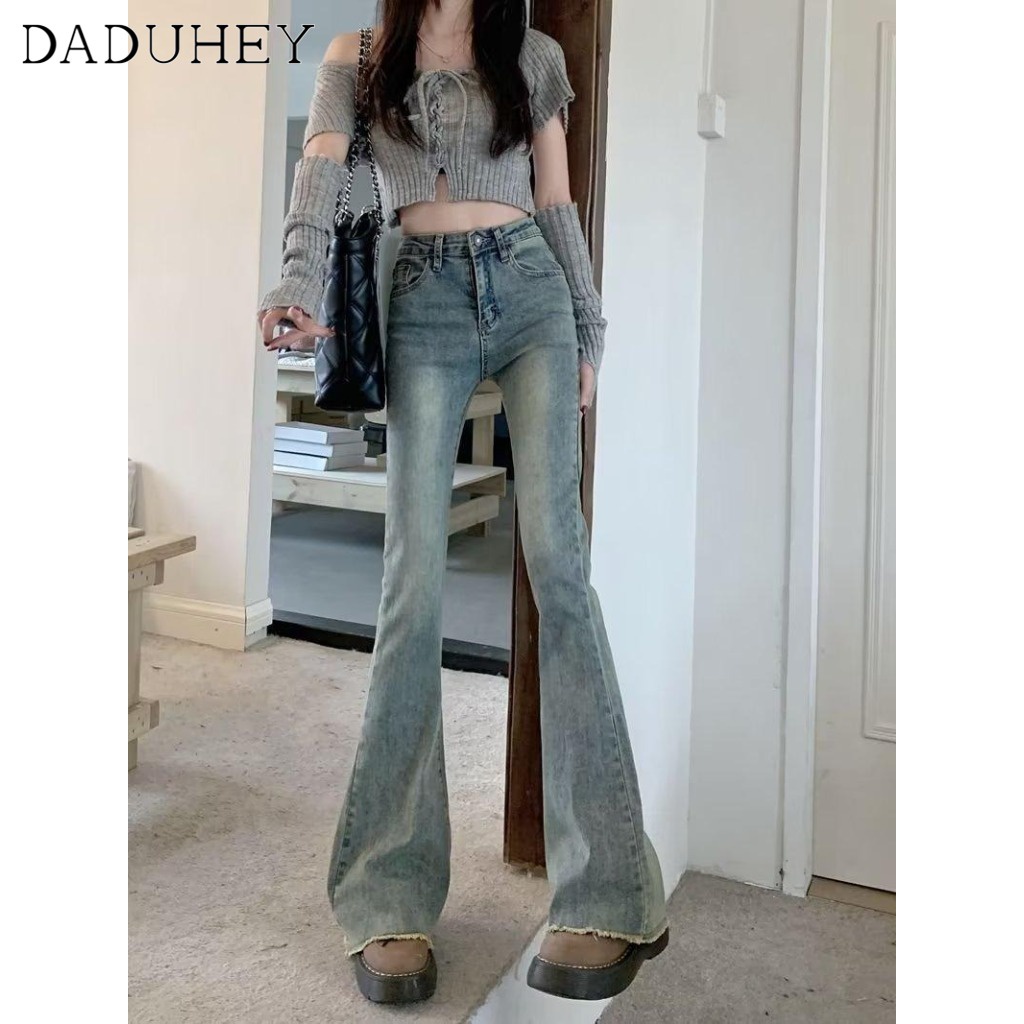 Ảnh DaDuHey New American Ins High Street Retro Raw Edge Micro-flared Jeans Niche High Waist Wide Leg Pants Trousers 2