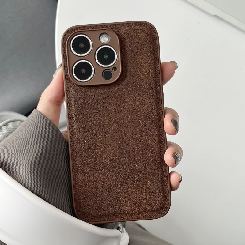 Đơn Giản Màu Nâu Đậm Kaki Da Lunar Pit Họa Tiết Camera Phim Bảo Vệ Ốp Lưng Điện Thoại Cho iPhone 15 Pro Max 14 13 12 11 Pro Max Bảo Vệ Toàn Diện Vỏ Mềm Chống Sốc