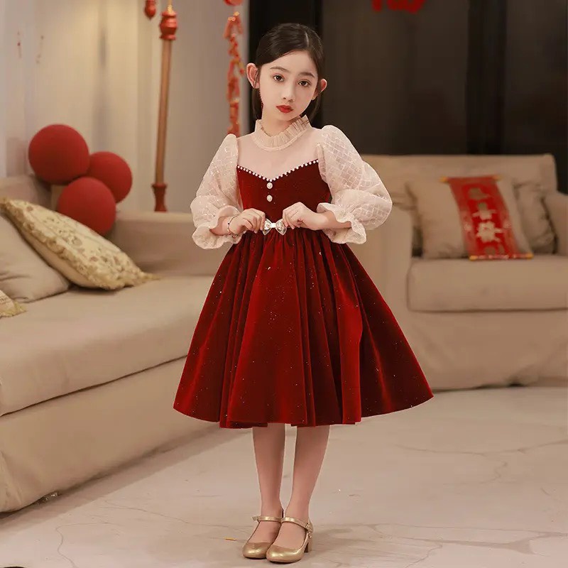 váy công chúa bé gái , đầm noel đỏ nhung kim tuyến từ 8-47kg ( mã 016 )