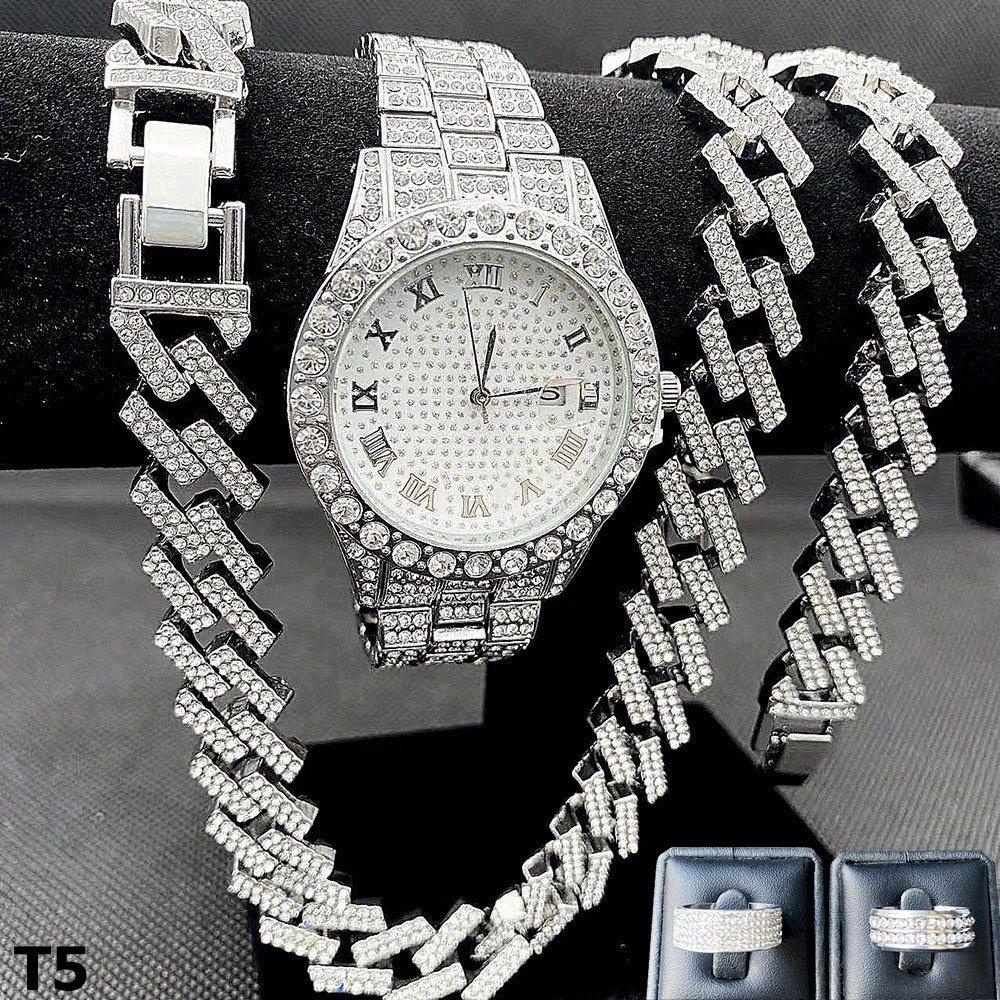 (COMBO 5 MÓN) Đồng hồ, dây chuyền, lắc tay và 2 nhẫn đính đá zircon bản V3 2024
