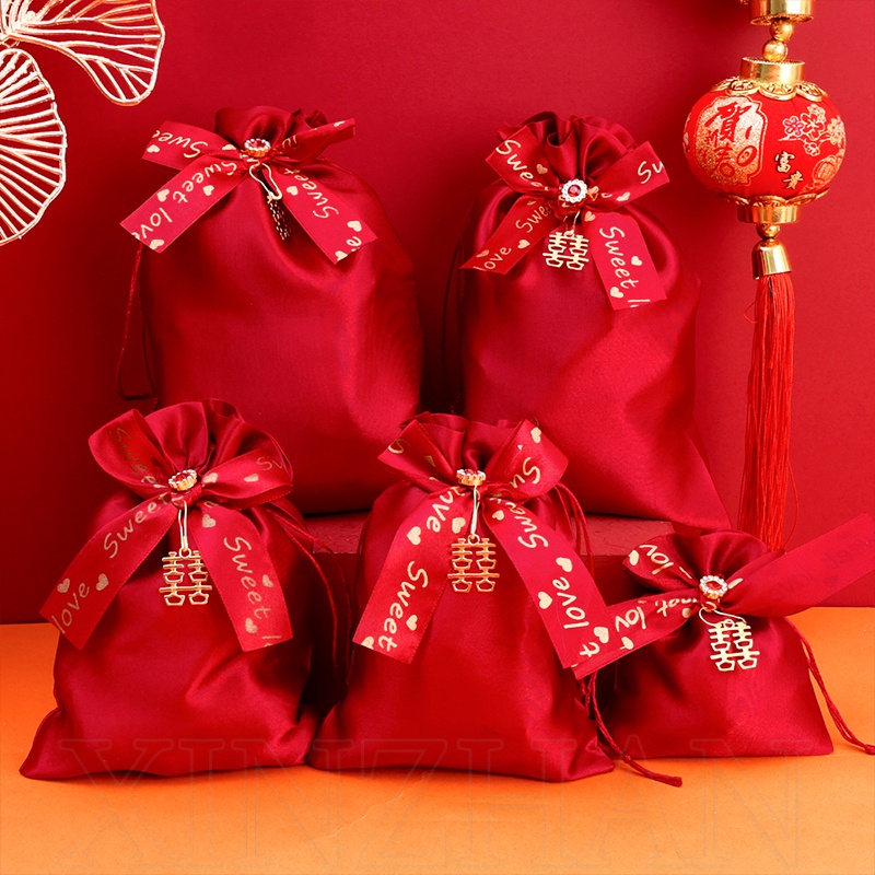 Túi Đựng Kẹo Cưới Nhân Vật Xi Sang Trọng ​- Túi Dây Rút Satin Đỏ Đựng Bánh Quy Bánh Snack Sô Cô La Ngọt Ngào