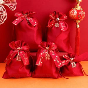 Túi Đựng Kẹo Cưới Nhân Vật Xi Sang Trọng ​- Túi Dây Rút Satin Đỏ Đựng Bánh Quy Bánh Snack Sô Cô La Ngọt Ngào