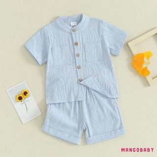 Mgg-kids Bé Trai Trang Phục Vải Lanh Mùa Hè Nút Màu Trơn Áo Tay Ngắn Và Quần Short Eo Co Giãn 2 Bộ Quần Áo