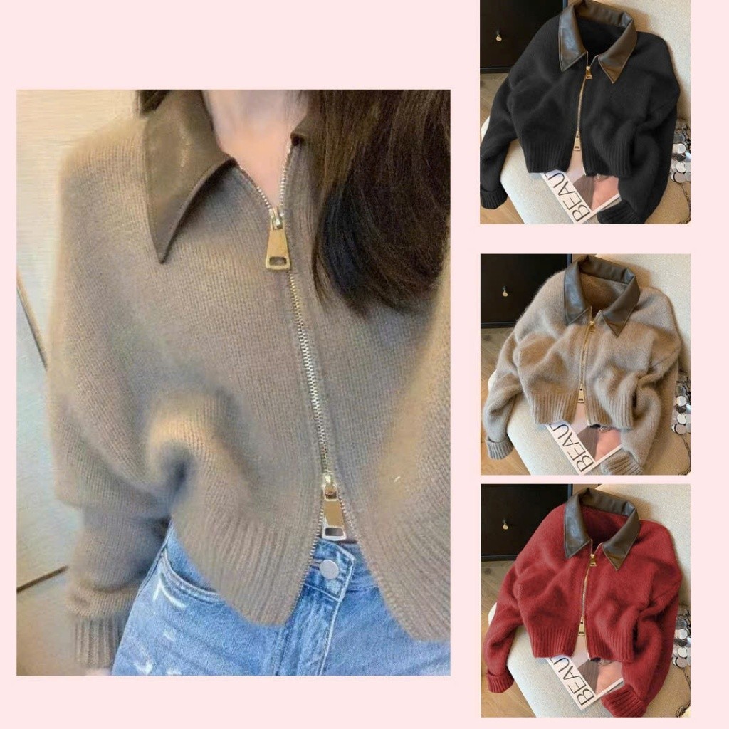 Áo khoác cardigan len dáng croptop thiết kế cách điệu khóa kéo 2 chiều phối cổ sơ mi BA SP252