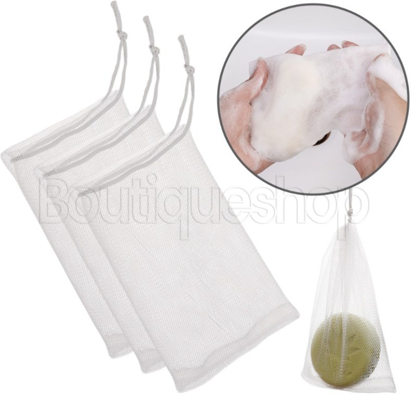 [Fatured] Túi Lưới Dây Rút Đựng Xà Phòng / Túi Tạo Bọt Màu Trắng Lớn Có Thể Treo / Giá Đỡ Xà Phòng Tắm / Rửa Mặt Tẩy Tế Bào Chết Cho Nhà Tắm / Du Lịch