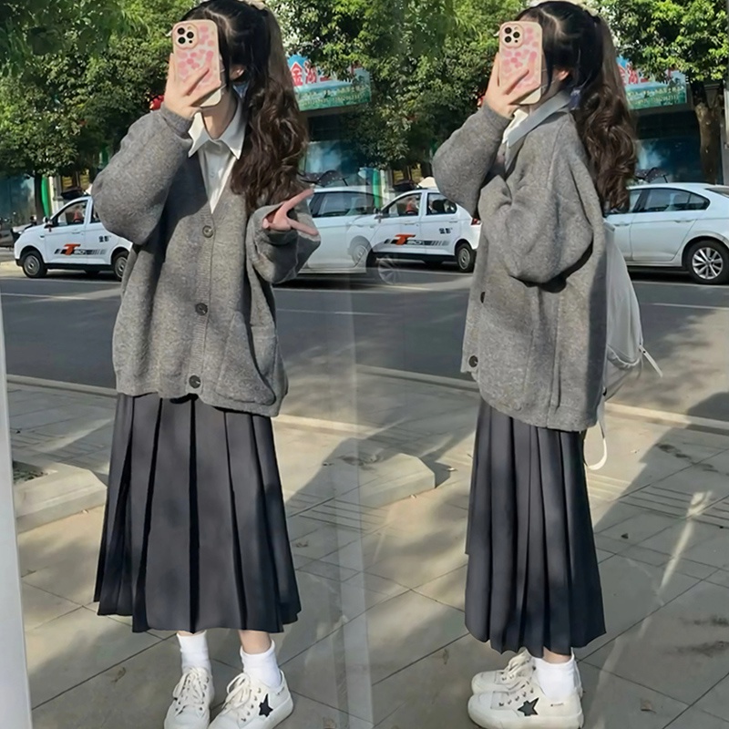 Hàng Mới Về Bộ Áo Khoác cardigan Dệt Kim + Chân Váy Eo Cao Xếp Ly Thời Trang Thu Đông Cho Mẹ Bầu 3023
