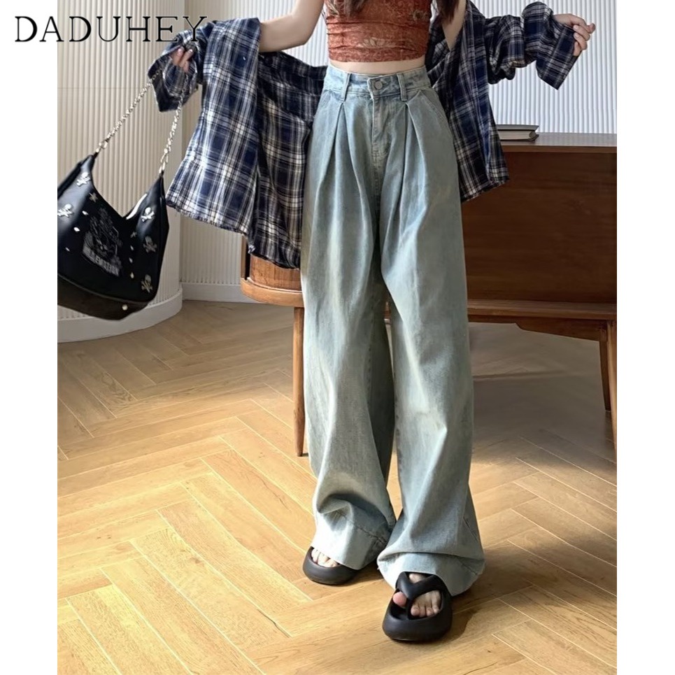Ảnh Quần jean dài DADUHEY ống rộng thoải mái cạp cao vải giặt thời trang retro đường phố cao cấp kiểu Mỹ 2