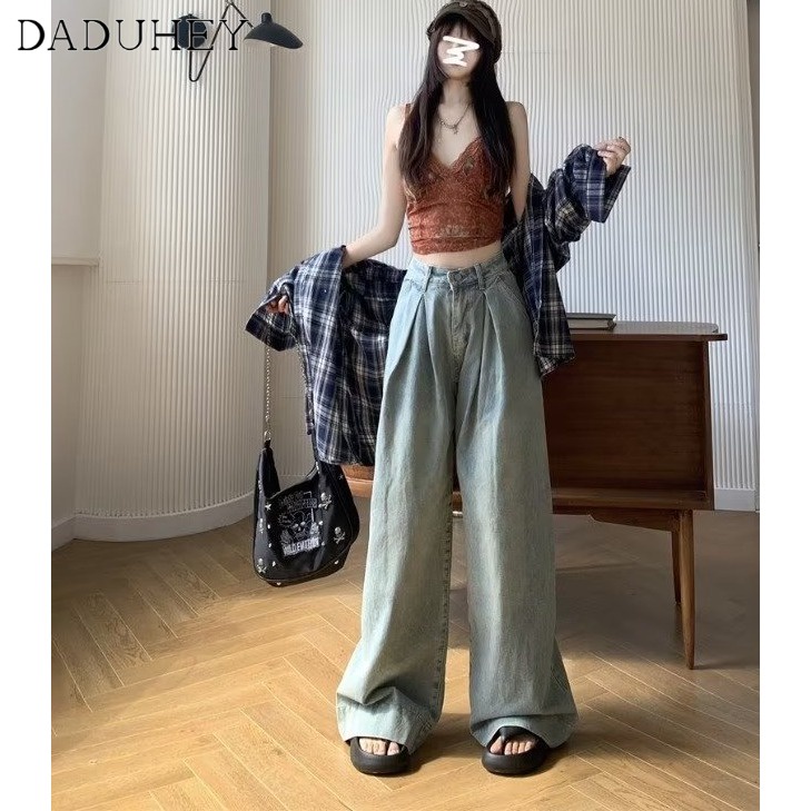 Ảnh Quần jean dài DADUHEY ống rộng thoải mái cạp cao vải giặt thời trang retro đường phố cao cấp kiểu Mỹ 3