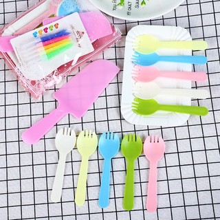 Combo 10 đĩa Giấy + 10 dĩa + 1 Dao + 1 vỉ 10 cây nến, Bộ Dao dĩa nến - Phụ kiện bánh sinh nhật bánh kem