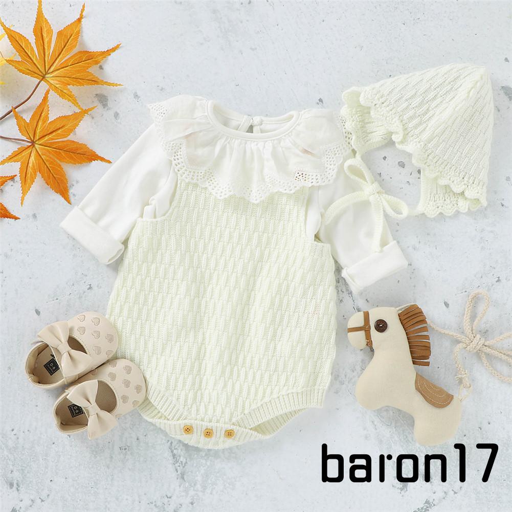 Set đồ 2 món gồm áo liền quần dệt kim cài khuy + mũ thun màu trơn cho bé