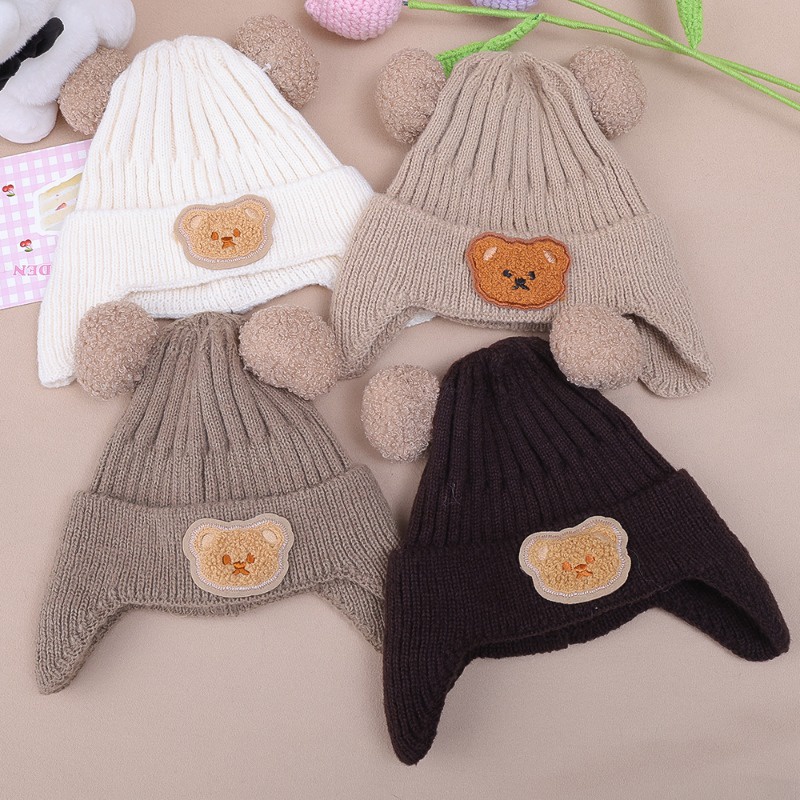 Mũ beanie Dệt Kim Màu Trơn Giữ Ấm Tai Gấu Hoạt Hình Dễ Thương Phong Cách Hàn Quốc Cho Bé Trai / Bé Gái