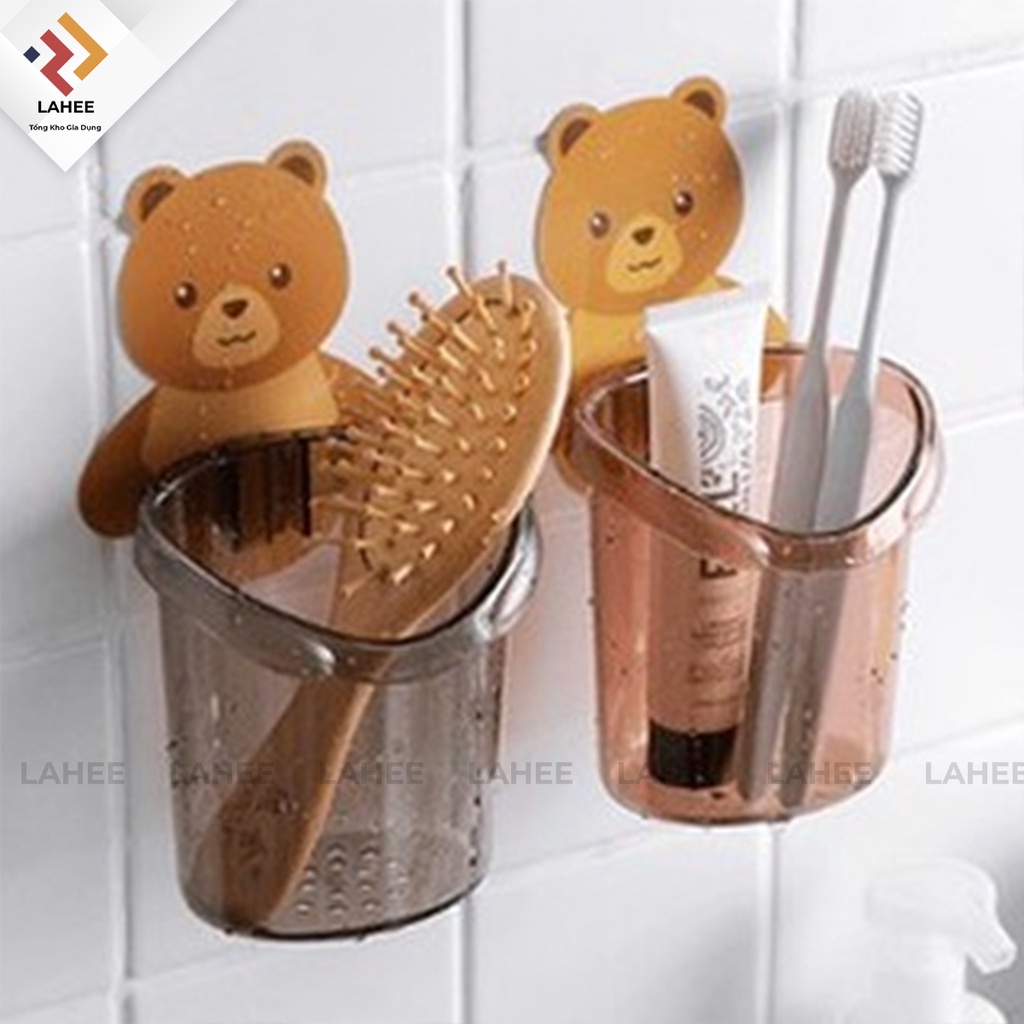 Cốc dán tường nhà tắm đựng bàn chải đánh răng hình gấu dễ thương. [SHOP.MH]