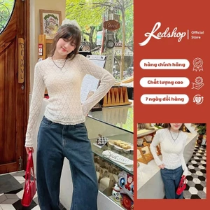 Áo ren xốp hoa Red Shop mỏng nhẹ viền ren cổ tròn dài tay- Dáng ôm style Hàn Quốc -