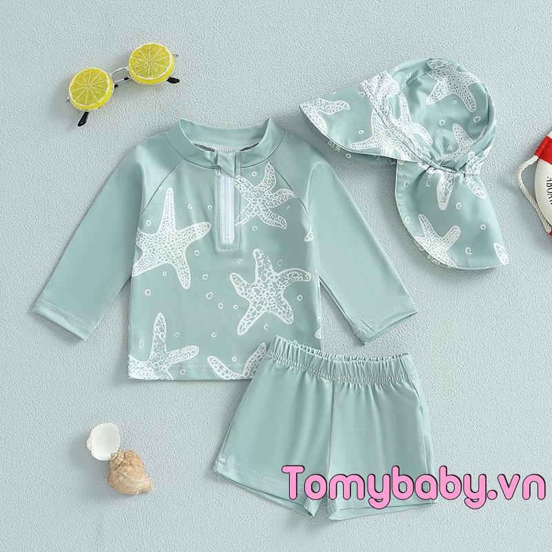 Bé Trai Rash Guard Đồ Bơi In Hình Sao Biển Dài Tay Zip Áo + Quần Short + Mũ Bơi Bộ 3 Chiếc