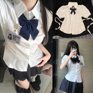 Áo sơ mi nữ ngắn tay dáng ôm thời trang mùa Preppy buộc dây JK