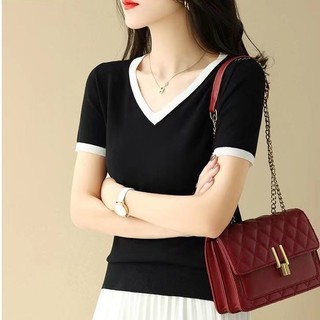 Áo Thun Tay Ngắn Cổ Chữ V Dáng Ôm Màu Sắc Đơn Giản Thời Trang Mùa Hè Dành Cho Nữ