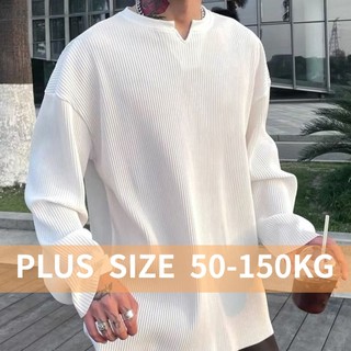 Plus Áo Thun Dài Tay Cổ Chữ v Họa Tiết Sọc Ngang Thời Trang Dành Cho Nam Dưới 150kg