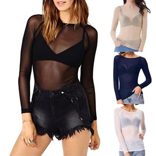 Áo thun nữ CLII xuyên thấu lưới trong suốt Áo dài tay Sheer Slim Tops