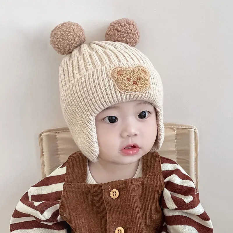 Mũ beanie Dệt Kim Màu Trơn Giữ Ấm Tai Gấu Hoạt Hình Dễ Thương Phong Cách Hàn Quốc Cho Bé Trai / Bé Gái