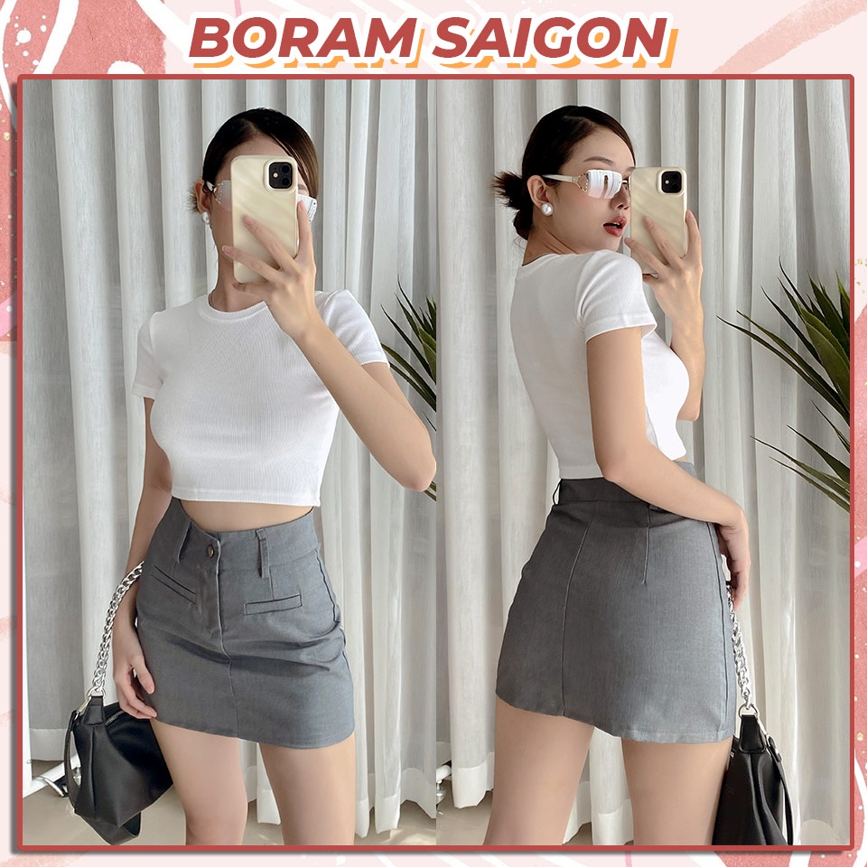 Chân váy chữ a mini lưng cao, chân váy xám có lót trong basic phong cách Hàn Quốc BORAM SG