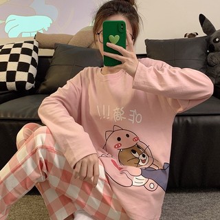 Bộ đồ ngủ giả cotton mới mùa xuân thu dành cho nữ có tay áo dài và quần dài cổ tròn hoạt hình ngọt ngào cỡ lớn Bộ đồ mặc ở nhà dành cho nữ