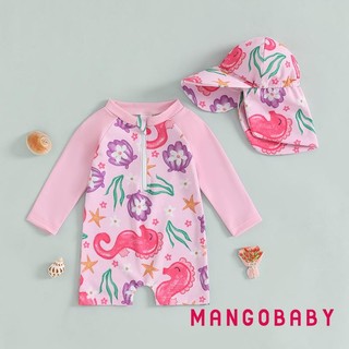 Mg-toddler Girl Rash Guard Đồ bơi in hoa dài tay có dây kéo Bộ đồ tắm có mũ