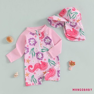 Mg-toddler Girl Rash Guard Đồ bơi in hoa dài tay có dây kéo Bộ đồ tắm có mũ