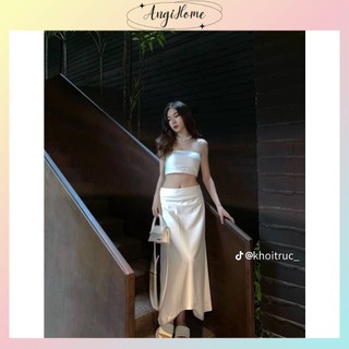 SET ÁO CROPTOP ỐNG CÚP NGỰC + CHÂN VÁY MIDI TRƠN TRẮNG ANGI HOME