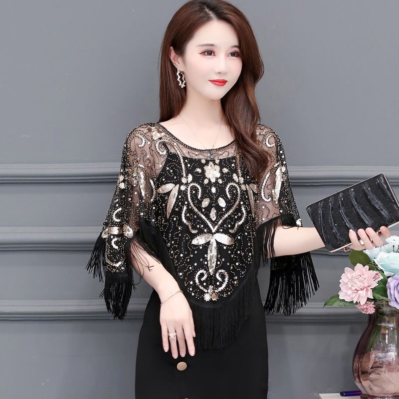 Bộ đầu rộng kích thước lớn dơi áo sơ mi bìa khăn choàng tua rua top ren áo choàng sequin chống nắng thêu váy