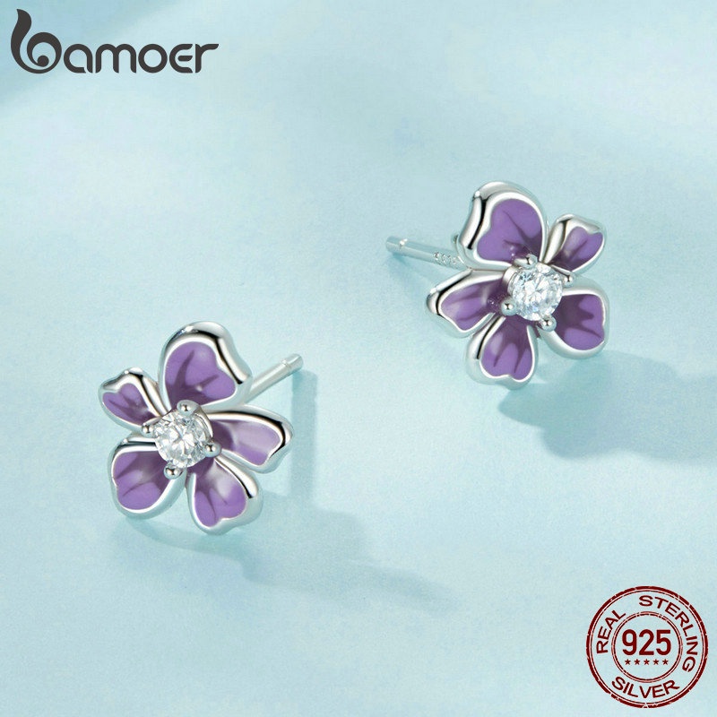 BAMOER Bông Tai bạc 925 Hình Hoa Tím