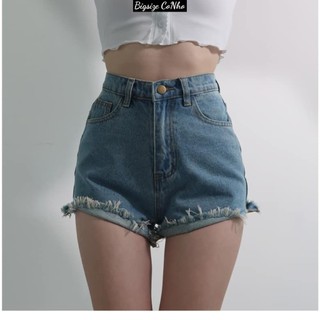 Quần đùi jean Bigsize nữ lưng cao tua lai rách đậm nhạt, Quần short bò nữ một khuy ống rộng lật lai xinh xắn J1