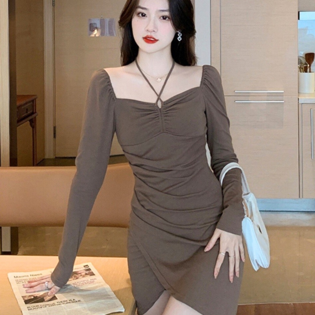 Đầm Tiểu Thư Nữ Bigsize Cổ Nữ Hoàng Tay Dài Đắp Vạt Chéo Ôm Body Chất Vải Gân Tăm Co Giãn G214