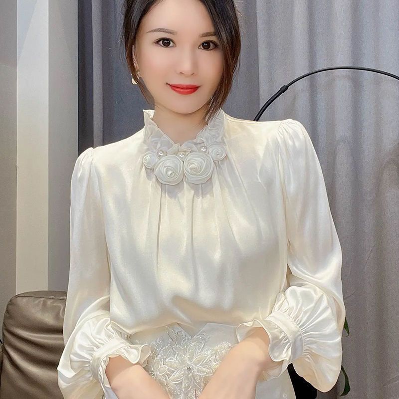 Áo Kiểu Ba Chiều Bằng Vải Satin Họa Tiết Hoa Thanh Lịch Dễ Phối Đồ