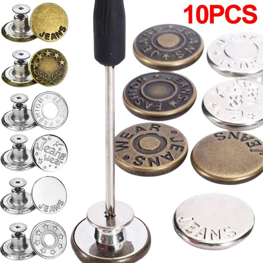 SMILE 10 Cái / gói Nút Quần Jean, Có Tua Vít Phụ Kiện May Nút Mở Rộng Eo, Quần Quần Áo Có Thể Tháo Rời Không Móng Tay 17 Mm Khóa Eo Quần Jean