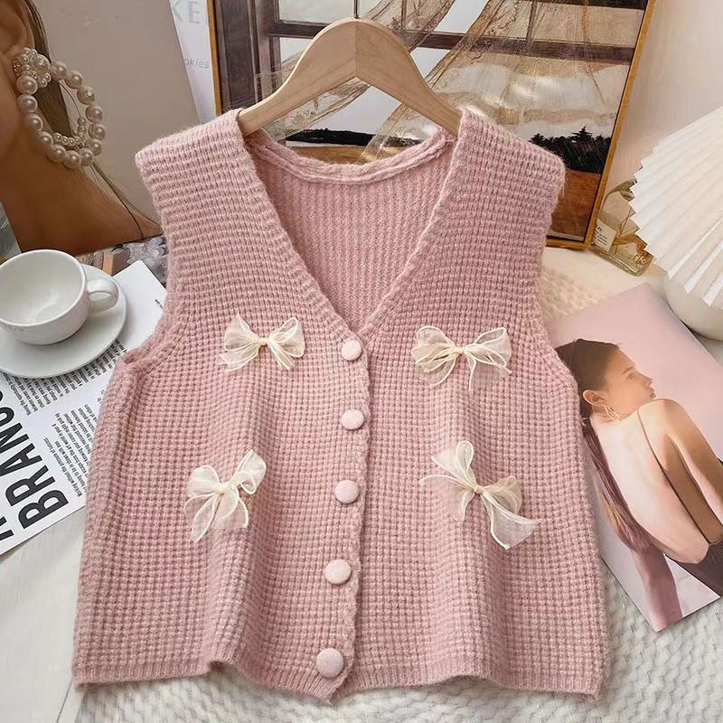 Milyfashion Nơ Nhỏ Cổ Chữ V Áo Vest Không Tay Phong Cách Mới Mỏng Ngắn Dệt Kim Áo Vest