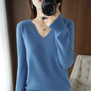 Áo Len Cổ Chữ V Nữ Dài Tay Mỏng Đáy Áo Sơ Mi 2023 Rộng Thường Ngày Màu Trơn Áo Thun Phù Hợp Với Hàng Đầu
