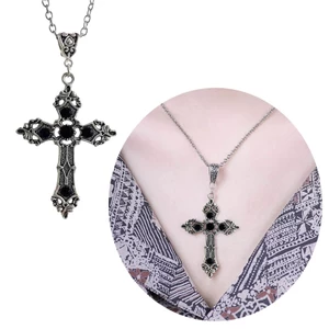 BTF Vintage Baroque Christian Cross Vòng Cổ Nữ Màu Bạc Với Pha Lê Gothic Thánh Giá Biểu Tượng Phục Sinh Ngọc