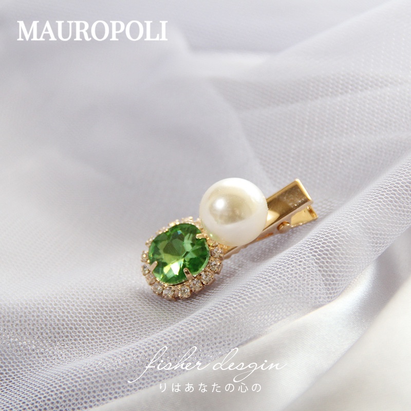 MAUROPOLI [Sẵn Sàng] Cung Điện Tính Khí Retro Ngọc Trai Xanh Kim Cương Giả Kẹp Phẳng Nổ Kẹp Tóc Bên Kim Loại Phụ Kiện Tóc Pha Lê