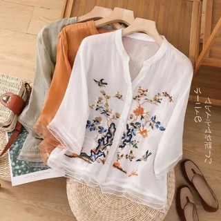 Chất Lượng Cao Retro Mỏng Thêu Áo Sơ Mi Nữ Mùa Hè Organza Giữa Tay Cổ Chữ V Tính Khí Hàng Đầu