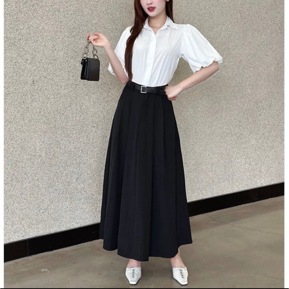 Chân váy xếp ly nữ midi cạp cao tặng kèm dây lưng dài   ( chất vải Vitex loại 1)