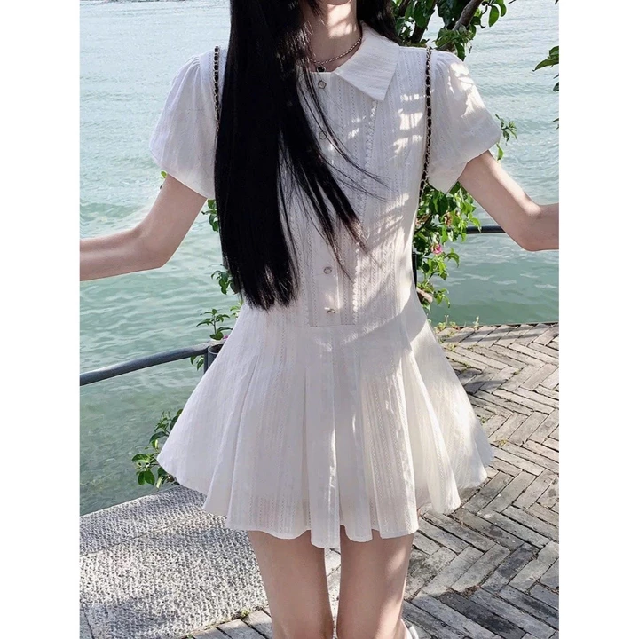 Đầm sơ mi váy xếp ly kèm quần trong tiểu thư, Đầm thiết kế liền thân dáng xòe bánh bèo